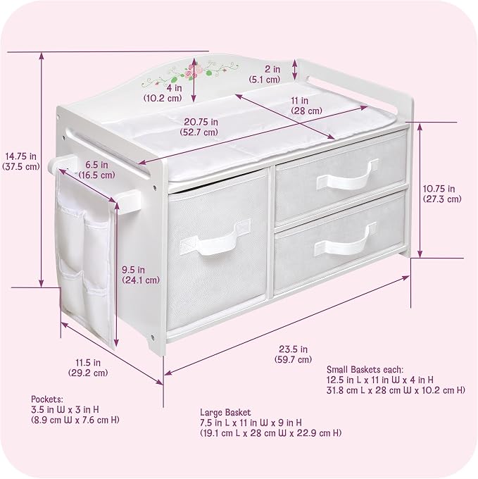 Badger Basket Doll Care Station with Storage Baskets - White/Rose | Fits 18–20" dolls; care station with 3 baskets, pocket organizer & storage for imaginative pretend play. - Image 4