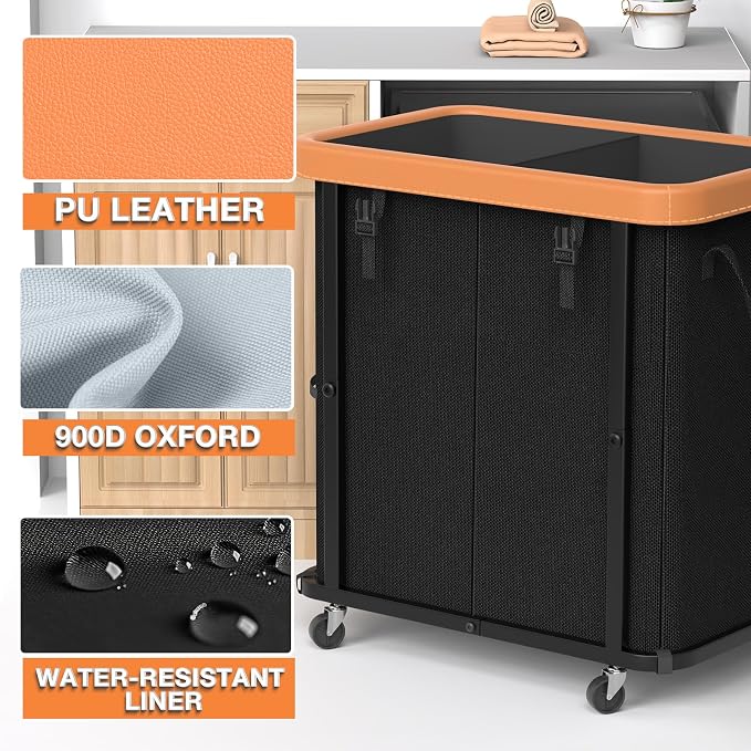 Laundry Basket with Wheels,190L Leather Patchwork Laundry Hamper 2 Setion | Sturdy Metal Frame, Removable Washable Bag, Tall Clothes Sorter for Bedroom - Black - Image 2
