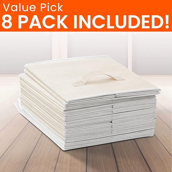 Large Storage Cubes - 13 Inch Heavy Duty Fabric Storage Bins for Shelves Closet, Cube Organizer - 8 Pack Collapsible Cube Storage Bins Baskets for Organizing Clothes Blankets Toys (Beige) - Image 8