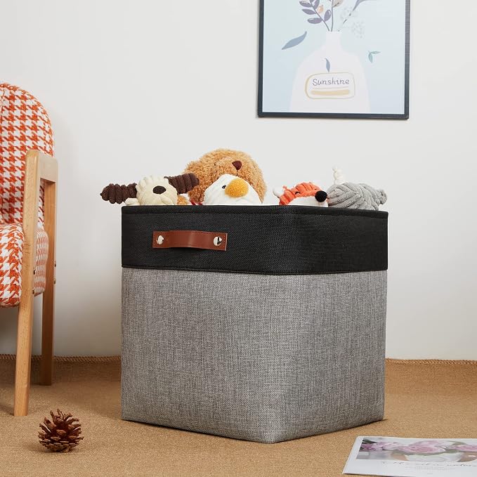 DULLEMELO Storage Bins for Organizing,Closet Storage Baskets for Gift Empty,Large Linen Canvas Storage Bins with Handles for Home Office Toys Shelves(Black&Grey, 13 inch Cube) - Image 3