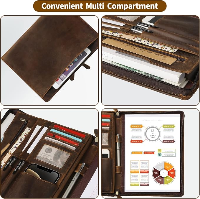 Ringsun Genuine Leather Portfolio with Zipper, Business Organizer for A4/Pad/Phone, Brown, RS63 - Image 4