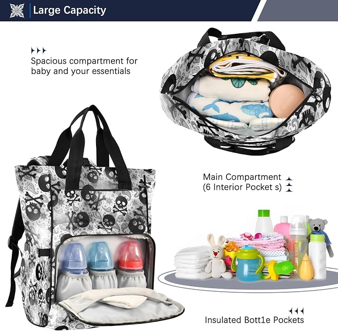 MNSRUU Diaper Bag Skulls Black Grey Paisley Diaper Bag Backpack Multifunction Travel Diaper Bag Tote Large Capacity Diaper Changing Backpacks for Moms Dads - Image 5