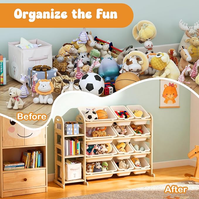 Toy Storage Organizer, Wooden Toy Organizers and Storage with Bookshelf, Toy Storage Shelf with 3 Shelves and 12 Storage Bins, Kids Bookshelf for Playroom, Nursery, Bedroom, Bookcase for Kids, White - Image 4