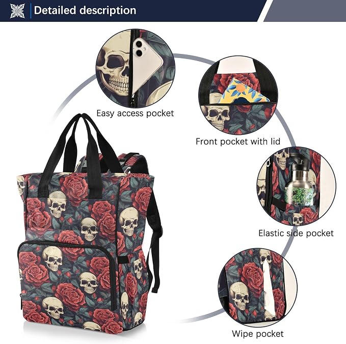 MNSRUU Diaper Bag Red Rose Skull Diaper Bag Backpack Multifunction Travel Diaper Bag Tote Large Capacity Diaper Changing Backpacks for Moms Dads - Image 2