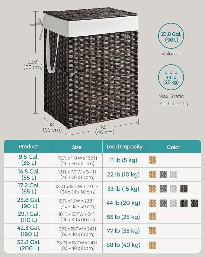 SONGMICS Laundry Hamper with Lid, 23.8 Gallon (90 L) Synthetic Rattan Clothes Laundry Basket with Lid and Handles, Foldable, Removable Liner, Chestnut Brown ULCB051K02 - Image 7
