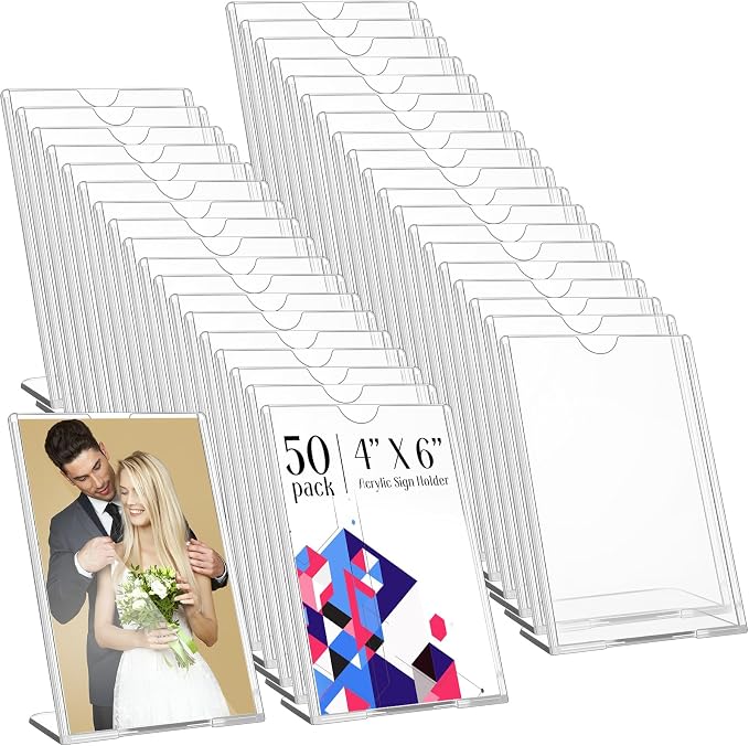 Maitys 50 Pack 4x6 Acrylic Picture Frame Clear Frame Bulk | Vertical Photo Self Standing Brochure Holders Price Display Signs L-shape Frames for Wedding, Restaurant, Office, Desktop by Maitys