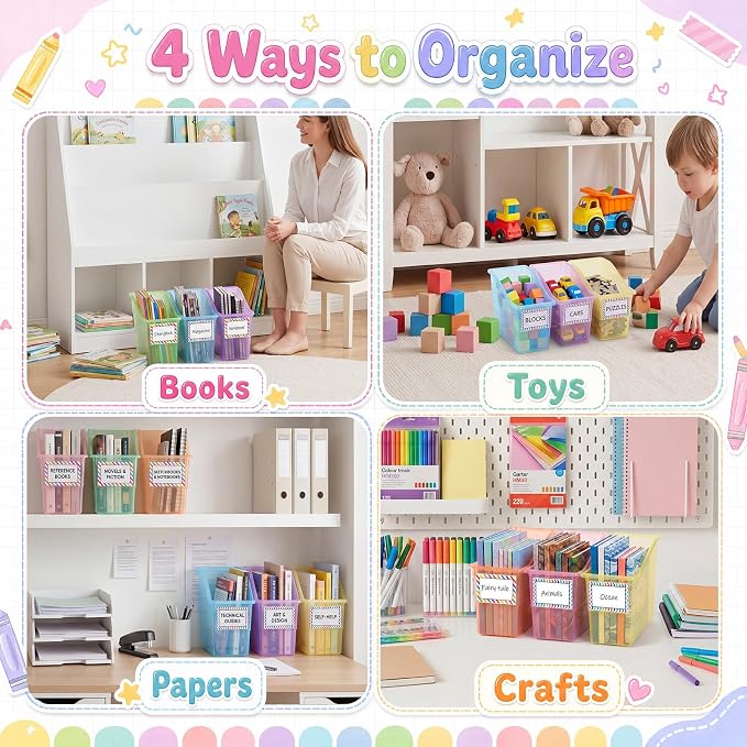 Blosssound 24 Set Book Bins for Classroom Stackable,Translucent Pastel | Plastic Baskets with Labels, Slanted Front, Library Supplies Organizers, Desktop Storage Bins, Teachers Home School Use - Image 4