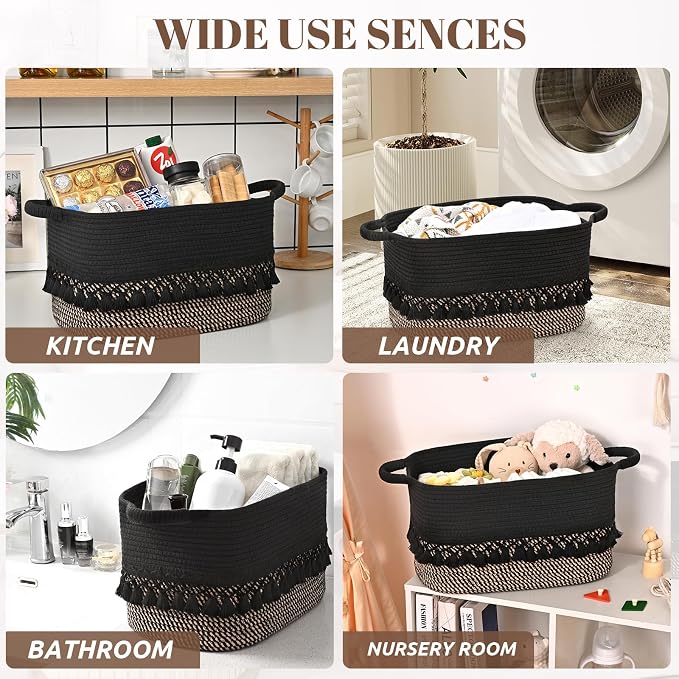 2 Pack Storage Basket for Shelves, Boho Cotton Rope Storage Bins with Heavy Tassel, Shelf Baskets Large Woven Baskets for Organizing, Cube Organizer Bins, Baby Laundry Basket for Clothes, Toys, Pets - Image 6