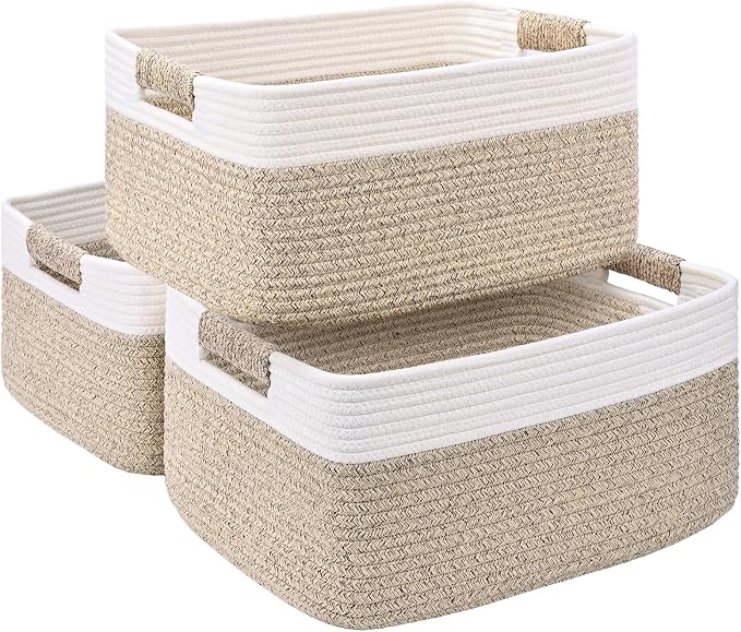 3 Pack Large Storage Basket for Organizing, 17.5"x13"x7" Woven Basket for Shelves, Closet Cube Storage Bins with Wrapped Handle, Cotton Rope Baskets for Kitchen, Clothes, Toys(Off White & Brown) by Degeyoyo