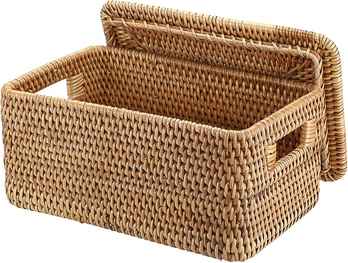 Hipiwe Rattan Basket with Lid Rectangular Lidded Wicker Storage Basket Bin | Natural Hand-Woven Basket Boxes for Shelf Organizing Picnic Food Bread Table Storage Basket, 12"x7.9"x 5.9" by Hipiwe