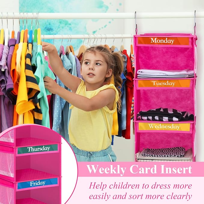 2 Pcs 6 Shelf Hanging Weekly Clothes Organizer for Kid,Rose Red | Closet Organization, Hanging Closet Shelves with Side Pockets, Labeled Shelves with Days of The Week Monday Through Weekend - Image 6