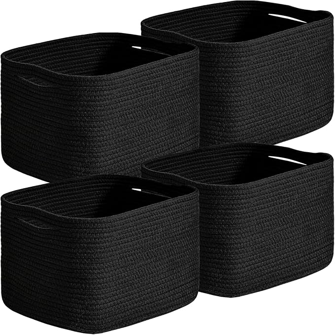 Small Storage Baskets for Organizing Shelves, Cotton Rope Basket for Storage, Cute Rectangular Book Toy Bins, 12.7"×9.1"×7.9", 4 Packs, Black by Unknown
