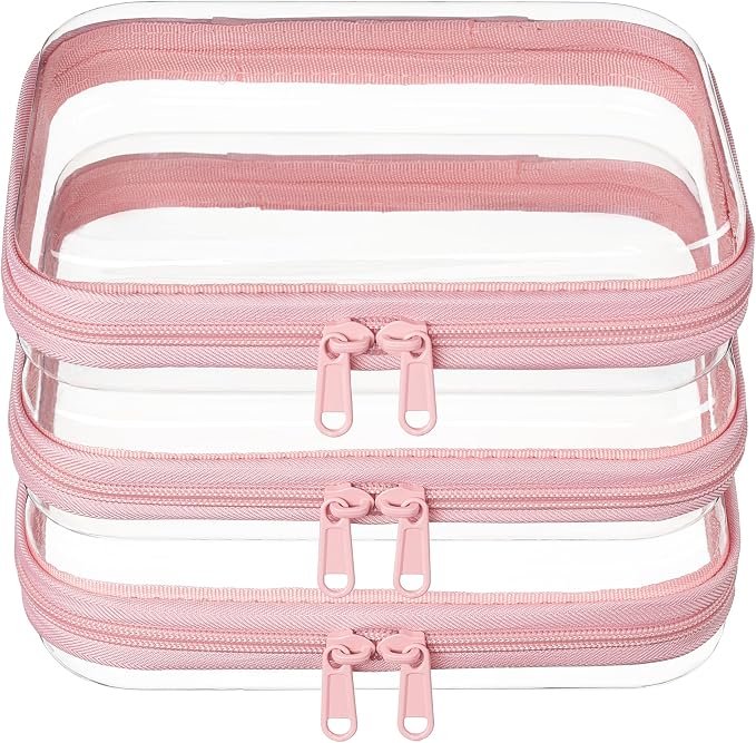 3-PCS Medium Clear Hard Shell Zipper Pouches, Clear Zipper Bags (3M, Pink) | Hard Case Pouches for Purse & Diaper Bag Organizer, Travel Essentials, Clear Storage Bags, and Travel Zipper Container by WELPIRT