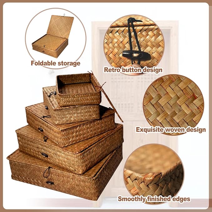 5 Pcs Seagrass Basket with Lid 5 Sizes Decorative Storage Boxes Rattan Wicker Storage Basket with Lids Woven Organizer Baskets Multipurpose Flat Storage Bins for Shelf Closet Bedroom (Brown) - Image 3