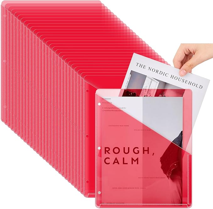 Seajan 100 Pcs Binder Pocket Folders, Clear 3 Ring Binder, Red | Plastic Folders Sleeves with 2 Pockets, Poly Slash File Jackets, 3 Hole Punched Dividers for School, Office, Documents by Seajan
