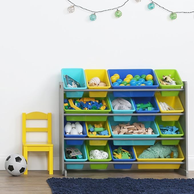 Humble Crew Kids Toy Organizer with 16 Bins, 4 Tier Storage for Playroom | Sturdy wood and steel toddler shelf, removable BPA-free containers, wall anchor anti-tip safety kit for bedroom or classroom - Image 2