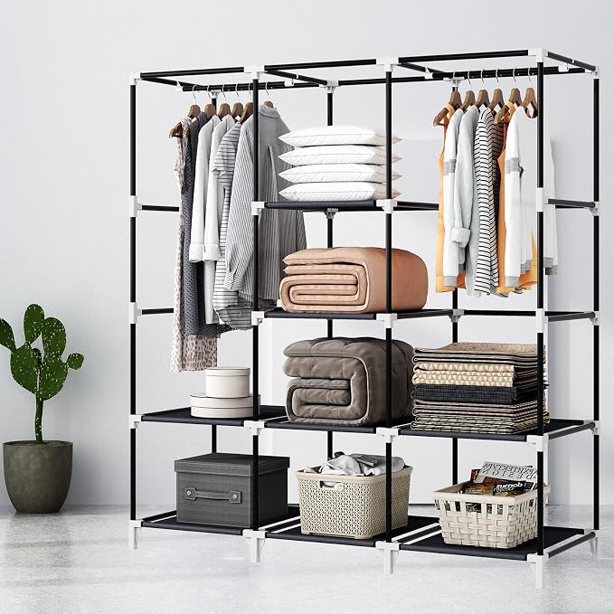 Portable Closet, Bedroom Wardrobe Closet for Hanging Clothes | 2 Hanging Rods, 8 Storage Organizer Shelves, Pipe Diameter 16mm, Durable and Easy to Assemble, Black - Image 3