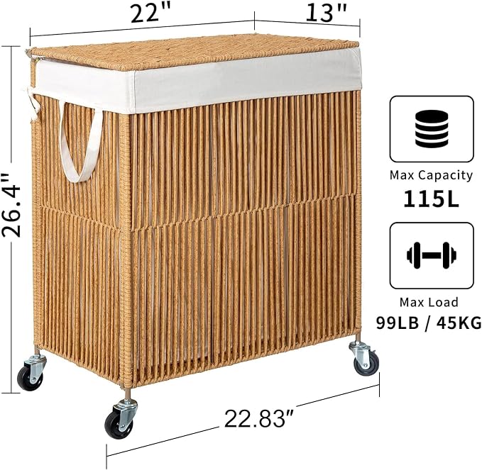 WOWLIVE Rolling Laundry Basket Wheels, Handwoven Laundry Hamper with Lid | Double Clothes Hamper with Divided Removable Bag, 115L Large Laundry Sorter 2 Section, Laundry Room Organization, Natural - Image 4