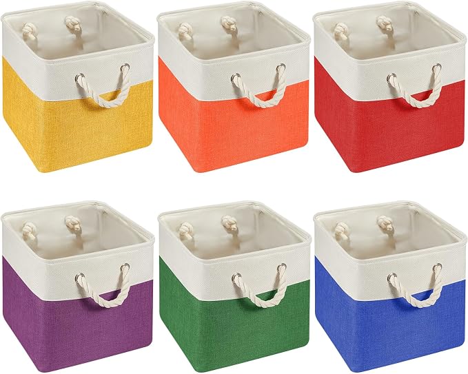 Geiserailie 6 Pcs 11 x 11 Inch Cube Storage Bins Fabric Storage Organizer Bins Foldable Cube Baskets with Sturdy Carry Handles Wicker Baskets for Home (Primary Colors) by Geiserailie