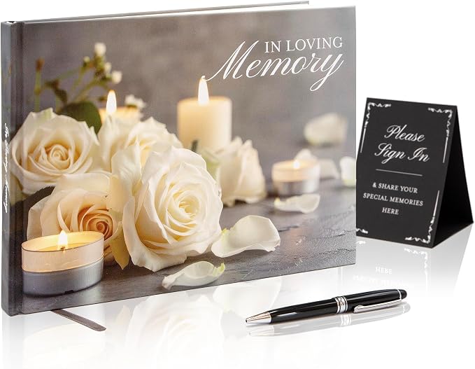 Rose Hardcover Funeral Guest Book - 9.5 x 7 Celebration of Life Guestbook for Memorial Service with 5x7 Paper Sign, Pen, Black Photo Corner Stickers by ModernAlbumDesigns