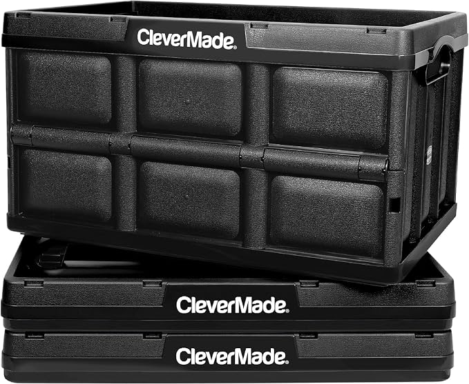 CleverMade Collapsible Storage Bins, 46L, 3 Pack Foldable Storage, Obsidian | Carry Groceries, Tools, and Gear Without Bulky Totes | Each Bin Holds 75 lb, Stacks Securely, and Folds to 2.75 Inches - Image 10