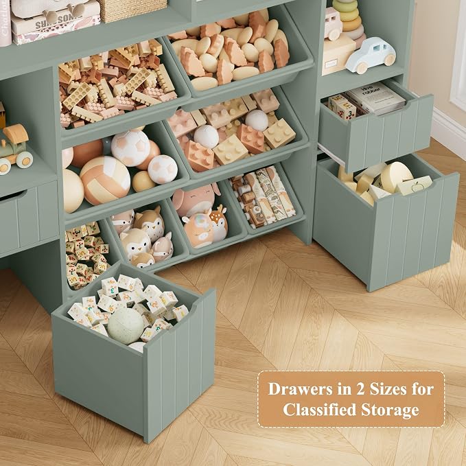 HORSTORS 55" W Toy Storage Organizer, Large Kids Bookshelf, Toy Box, Green | 8 Plastic Storage Bins / 2 Removable Toy Storage Boxes / Open Shelves, Kids Bookcase with Drawers for Playroom, Kids Room - Image 6