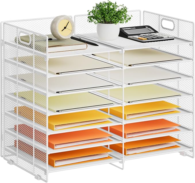 Marbrasse Desktop Literature Organizer, 12 Compartments Mesh Paper Organizer Desk Organizers, Adjustable File Sorter Mail Center Paper Storage Cabinet Classroom Mailbox for Office Home School, White by Marbrasse