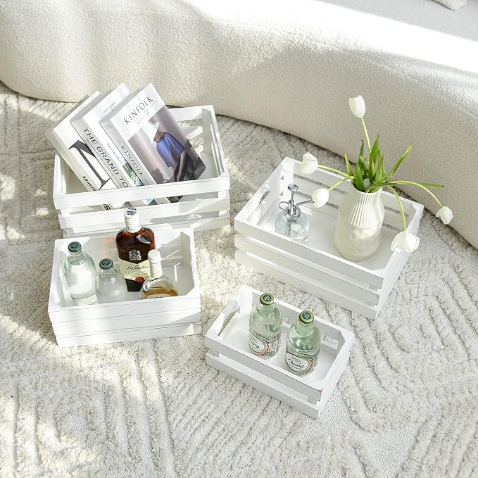 Set of 4 Large Wooden Crates Decorative, Whitewashed Nesting Wooden Crates for Display Rustic, Farmhouse Wooden Storage Container Boxes Made from 100% Wood - Image 3