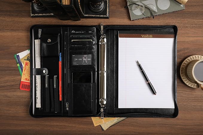 Black Leather Padfolio for Women/Men, Business Leather Binder 3 Ring Portfolio, Personalized Leather Portfolio Binder, Zippered Portfolio Organizer for A4 Notepad & 13-inch Laptop/Tablet - Image 4