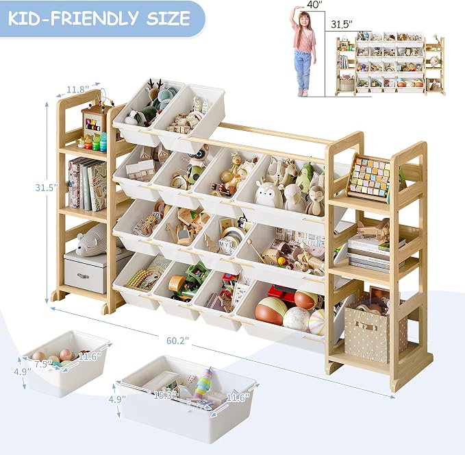 EXPERLAM Extra Large Toy Storage - Toy Storage Organizer, Wooden Toy Organizer with 6 Side Shelves and 16 Bins, 3-in-1 Bookshelf for Kids Rooms, Playroom, Nursery, White - Image 2