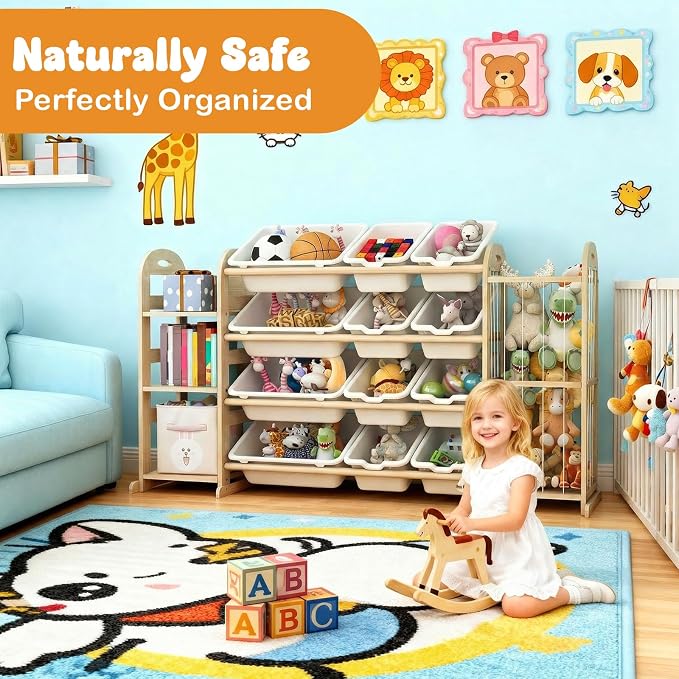 Kids Toy Storage Organizer, Toy Organizers and Storage with Stuffed Animal Storage, Toy Storage Shelf with 3 Shelves, 12 Storage Bins, Kids Bookshelf, Toy Holder for Playrooms, Bedrooms, White - Image 3