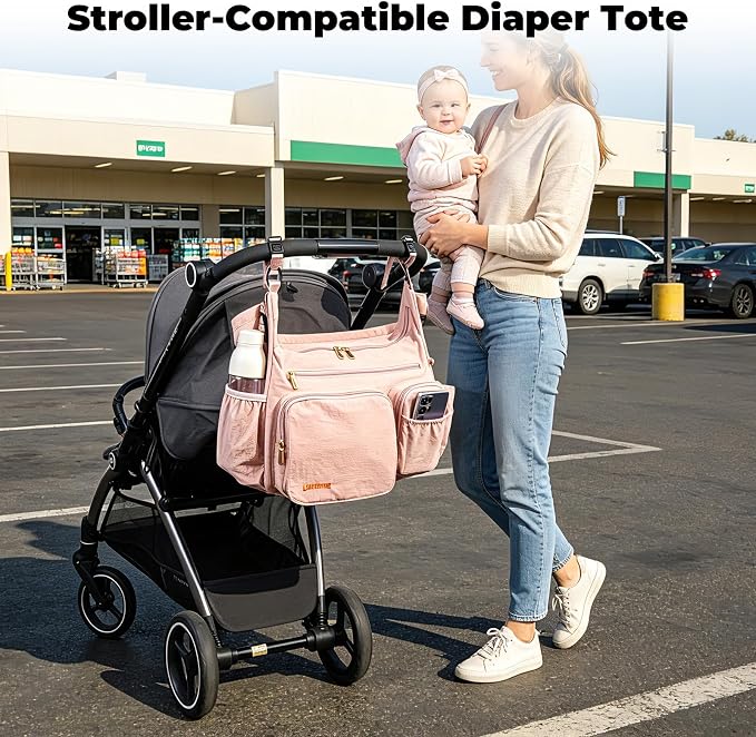 Puffy Crossbody Diaper Bag, 2-in-1 Stroller Caddy & Mom Purse, 13L Lightweight Travel Duffle Bag for Baby, Work Commute, Gym, Labor Delivery (Apricot pink) - Image 8