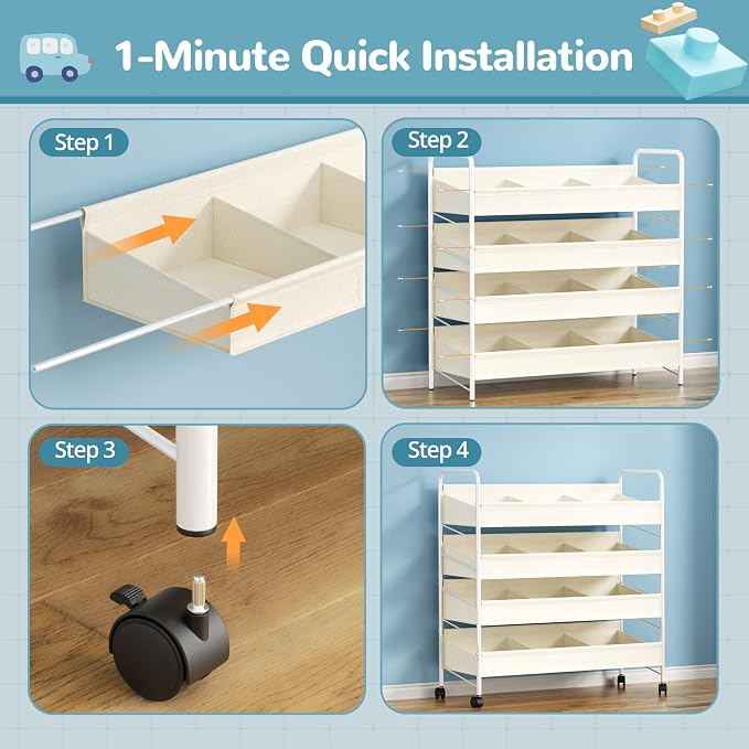 Kids Toy Storage Organizer with 4 Shelves & Wheels for Playroom | White, Large Size, Steel Frame & Oxford Fabric, Rolling Casters with 2 Locks, Safe Rounded Edges, Easy Assembly - Image 6