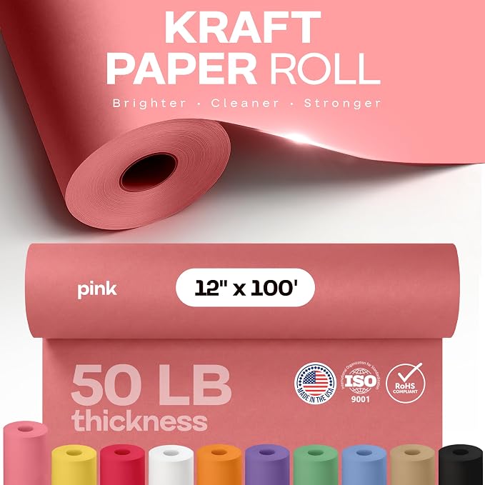 12" x 1200" (100 feet) Pink Kraft Paper Roll - USA-Made Quality Craft Paper for Gift Wrapping, Kids' Arts & Crafts, School Projects - 100% Recycled Natural Material 50lb Thickness by IDL Packaging - Image 4