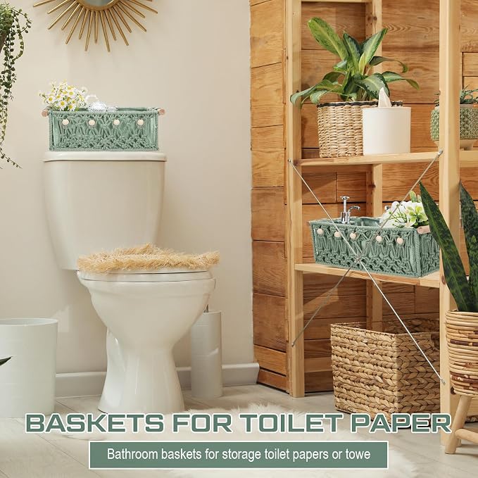Vesici 4 Pcs Sage Green Macrame Storage Basket for Shelves 13" 11" Boho Storage Basket Hand Woven Boxes with Wood Handles Beads Decorative Countertop Toilet Cabinet Organizer for Home Decor - Image 6