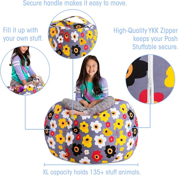 Posh Stuffable Kids Stuffed Animal Storage Bean Bag Chair Cover - Childrens Toy Organizer, X-Large 48" - Canvas Multicolored Flowers on Gray - Image 2
