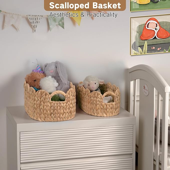 iEGrow Scalloped Wicker Basket, Set of 2 Hand-Woven Natural Rattan Baskets with Built-in Handles, Water Hyacinth Storage Oval Cute Baby Baskets for Nursery, Organizing, Decor and Shelves - Image 2