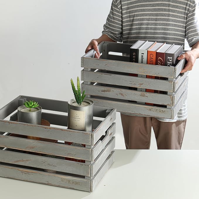 Gray Wooden Crates are Mainly Suitable for Storage, Tool Crate, Wine Crate, Camping, and Other Multi-Purpose. Rustic Style, They are Sturdy and Durable, set of 2 Length of 17.7 inches. - Image 4