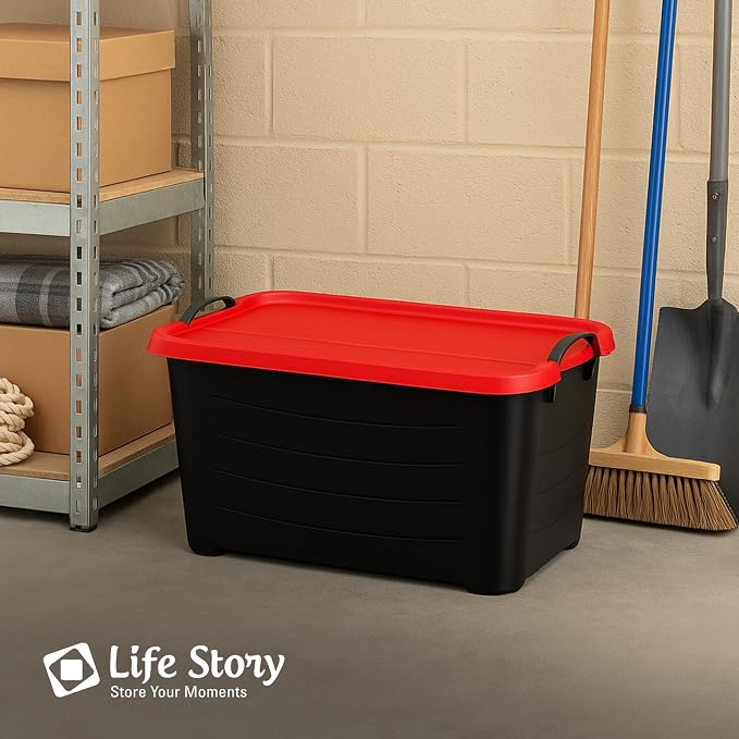 Life Story 6 Pack Heavy Duty Stackable Storage Bin, 55 Quart Home Organizer, Versatile Lightweight Locking Bins with Carrying Handles, Black/Red - Image 5