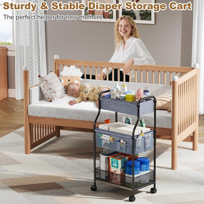 3-Tier Baby Diaper Caddy Organizer and Storage Cart, Mobile Metal Utility Cart with Rolling Wheels for Nursery Essentials with 4+2 Dividers, Large Capacity Rolling Cart For Bedroom, Bathroom, Nursery - Image 6