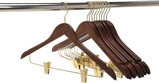 Quality Wooden Skirt Hangers with Clips, 10-Pack Smooth Solid Wood Pants Hangers with Durable Adjustable Metal Clips, Swivel Hook, Coat, Jacket, Blouse Suit Hangers (Walnut - Gold Hook, 10) - Image 6
