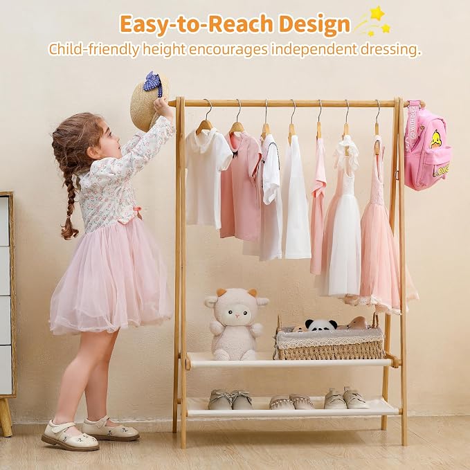 Foldable Kids Clothing Rack - Dress Up Storage with 2 Fabric Shelves, Bamboo Small Clothes Rack for Hanging Organizer, Kids Costume Wardrobe & Dress Up Rack for Bedroom, Playroom, Nursery (Natural) - Image 8