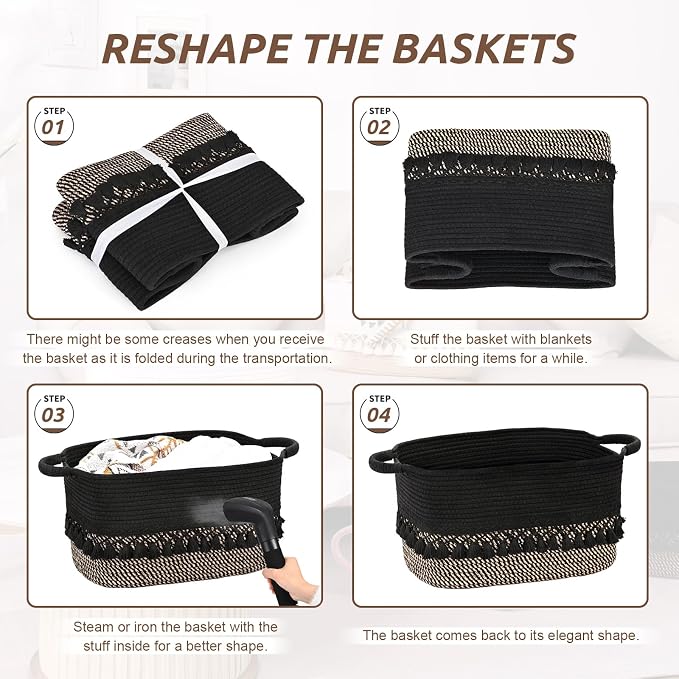 2 Pack Storage Basket for Shelves, Boho Cotton Rope Storage Bins with Heavy Tassel, Shelf Baskets Large Woven Baskets for Organizing, Cube Organizer Bins, Baby Laundry Basket for Clothes, Toys, Pets - Image 9