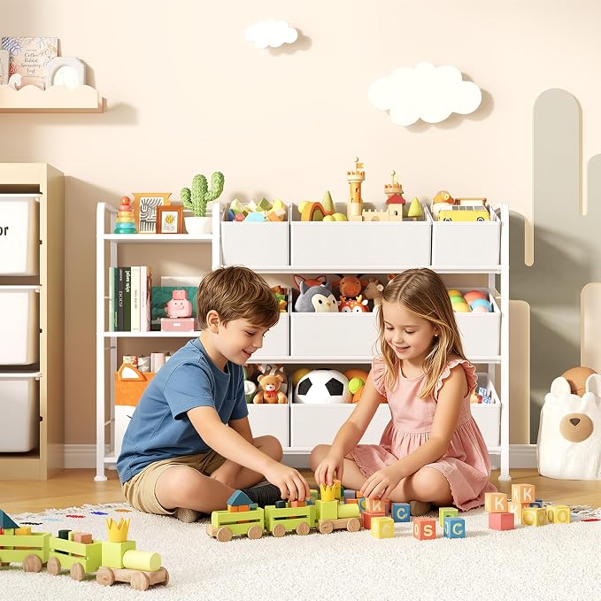 BBLIKE Kids Bookshelf and Toy Storage Organizer with 9 Removable Fabric Bins, Toddler Book Shelf & Stuffed Animal Storage Rack for Playroom, Bedroom, Nursery, White - Image 2