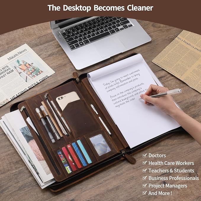 Genuine Leather Portfolio Organizer for Men Women with Handle, Full Grain Leather Padfolio Folder with Zipper Business Resume Portfolio for 12.9" iPad, Brown, RS118 - Image 6