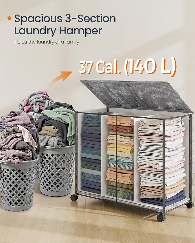 SONGMICS HOME Laundry Hamper with 3 Section, 140 L, Rattan, with Wheels | Rolling Clothes Basket with Lid, Removable Liner with Handles, Gray and Black, PEZZO Collection ULCB602G01 - Image 5