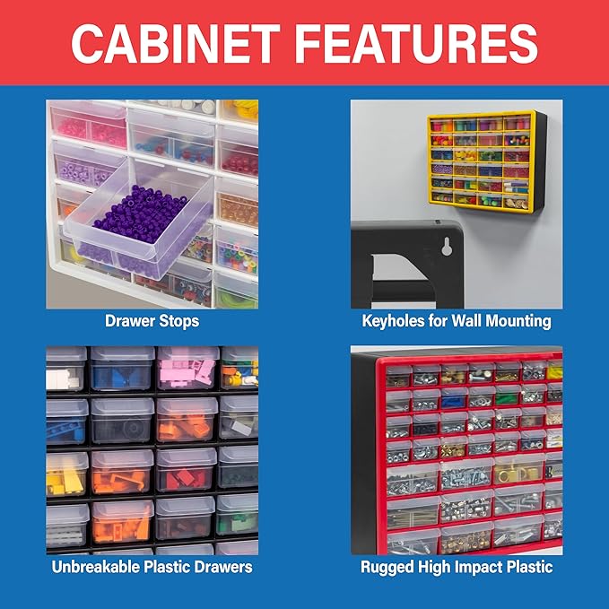 Akro-Mils 44-Drawer Plastic Storage Cabinet, 20"W x 6"D x 16"H, Black | Plastic Cabinet w/ Drawers for Garage Organization, Beads, Building Bricks Storage, Teacher Toolbox, Makeup Organizer, 10144 - Image 6