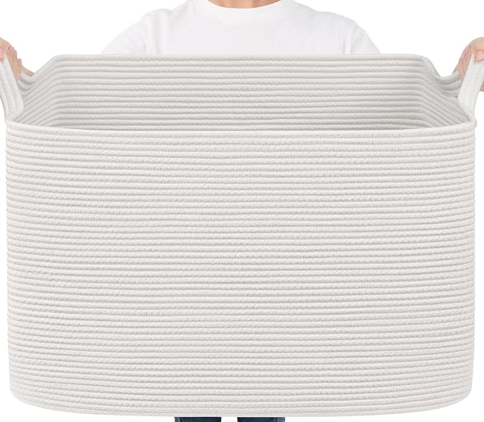 Goodpick 105L Extra Large Woven Rope Blanket Basket, Rectangle, White | 25'' x 16'' x 16'' Storage Basket for Blankets & Clothes, Living Room, Bedroom & Nursery Organization, Reinforced Handles by Goodpick