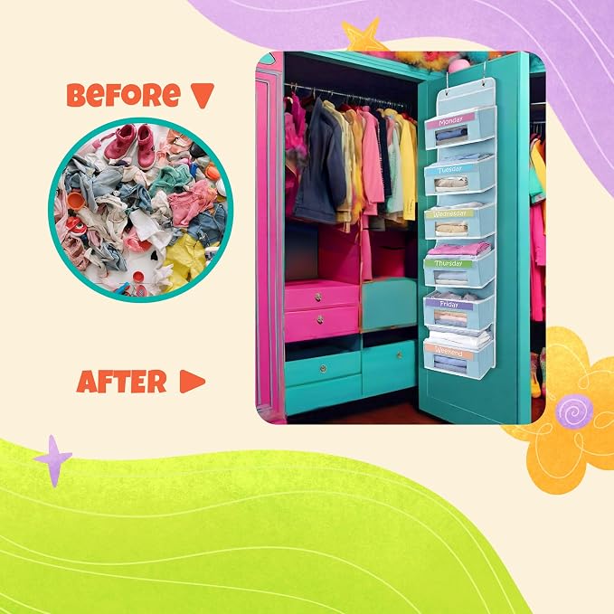 Weekly Clothes Organizer for Kids, Monday through Friday Clothing, 6 Shelf | Houseables Days of the Week Clothes Organizer, Kids Closet, Daily Outfit Storage, Weekday, M-F, School, Hanging, Over Door - Image 7