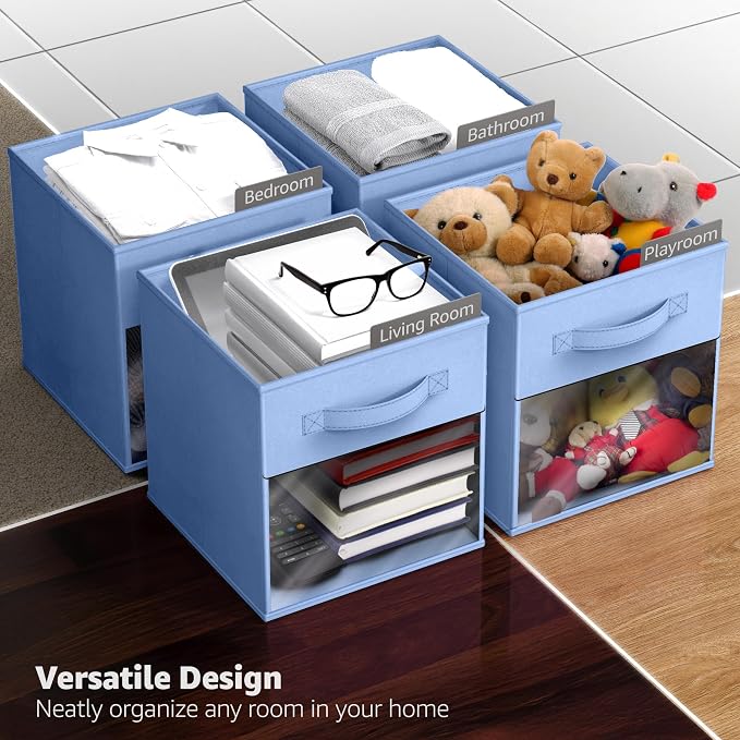 Sorbus 11 Inch Storage Bins with Clear Window - 6 Foldable Baskets for Organizing Clothes, Toys, Books - Sturdy Collapsible Fabric Storage Cubes with Handle - Storage Baskets for Shelves, Closets - Image 5